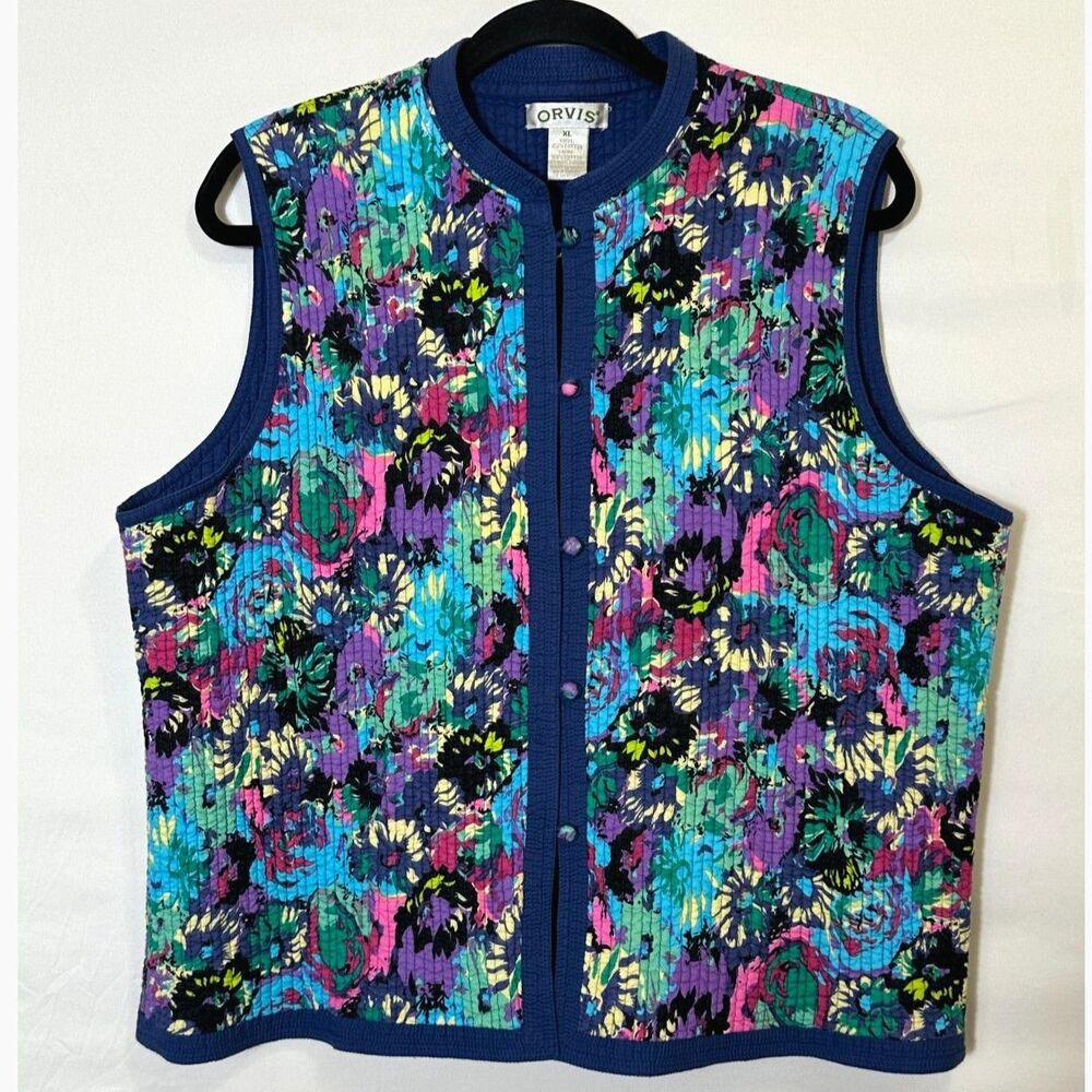 Vintage Women's Orvis Reversable Quilted Cotton Vest Colorful Floral Print SZ XL